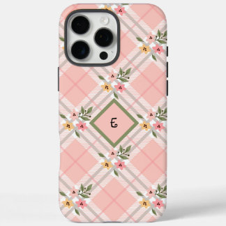 Pink Plaid Floral Monogram iPhone 16 Pro Max Case