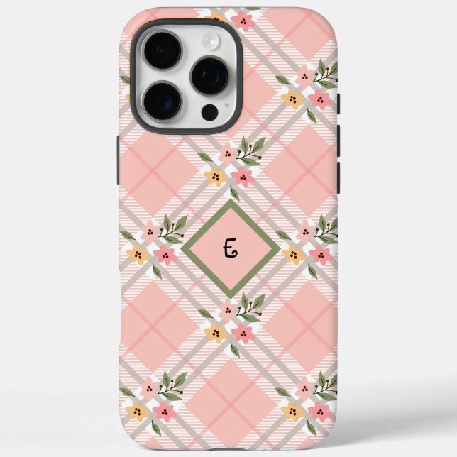 Pink Plaid Floral Monogram Case-Mate iPhone Case (Back)
