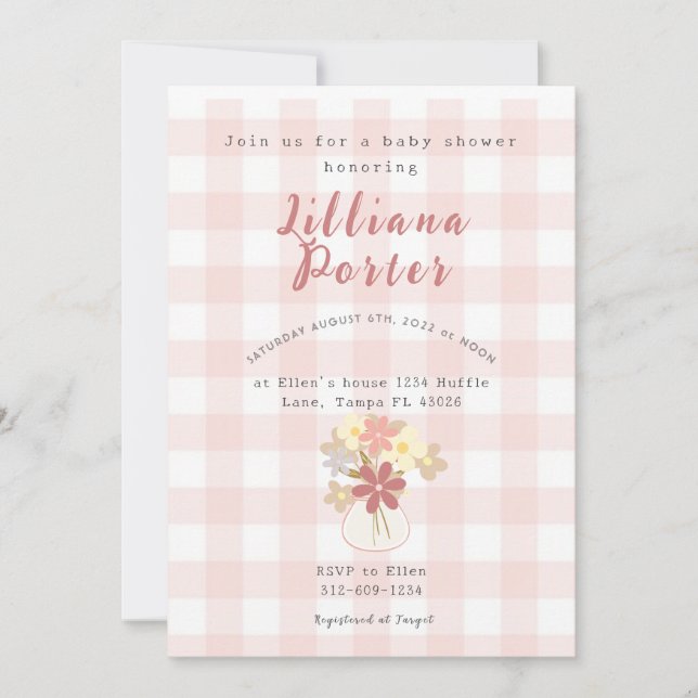 Pink Plaid Flower Baby Shower Invite  (Front)