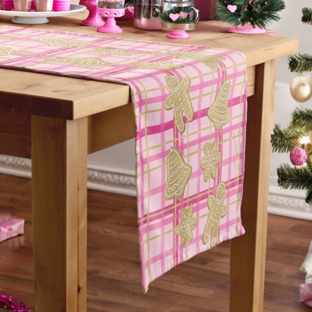 Pink Plaid Gold Glitter Gingerbread Cookie Holiday Short Table Runner (Creator Uploaded)