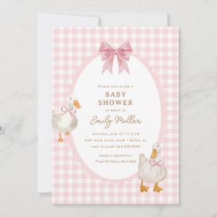 Pink Plaid Goose Duck Coquette Baby Shower Invitation