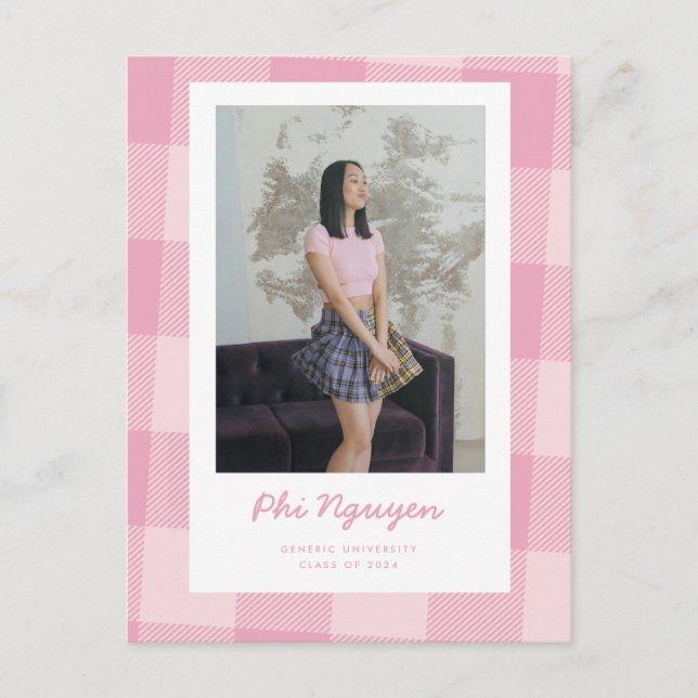 Pink Plaid Grad Flat Graduation Announcement Postcard (Front)