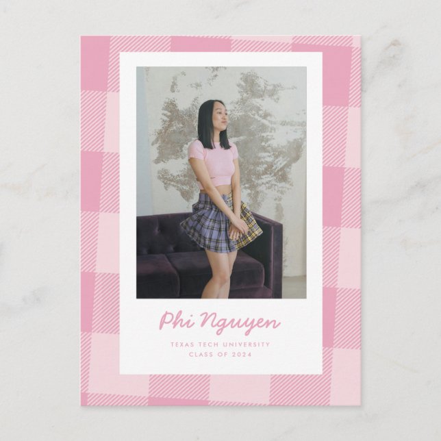Pink Plaid Grad Flat Graduation Announcement Postcard (Front)