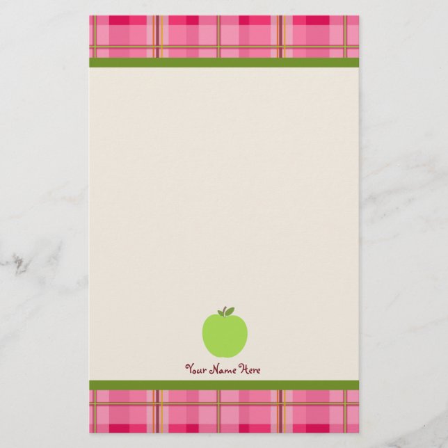 Pink Plaid & Green Apple Personalised Teacher Stationery (Front)