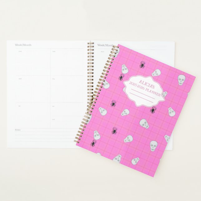 Pink plaid Halloween Skull & Spider personalised  Planner (Display)