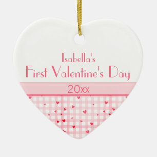Pink Plaid Hearts Baby Photo First Valentine's Day Ceramic Tree Decoration