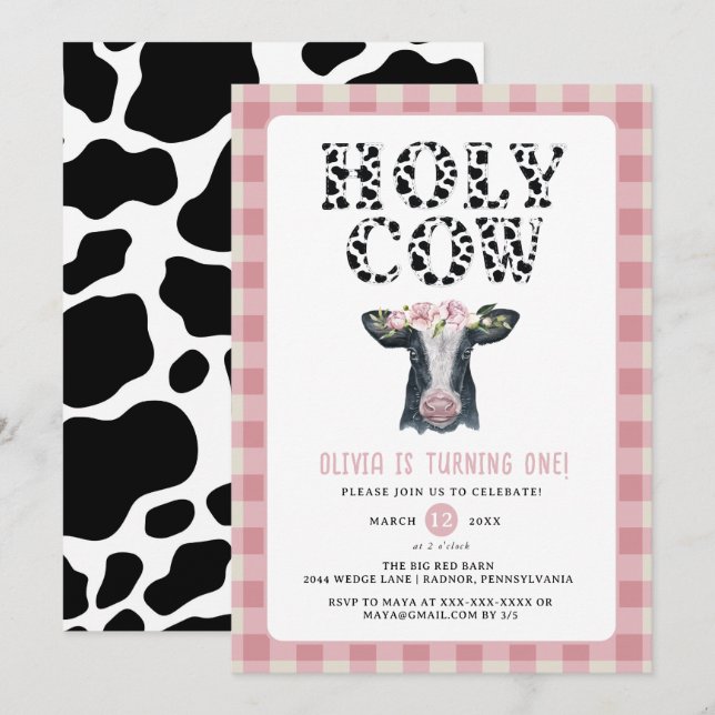 Pink Plaid Holy Cow First Birthday  Invitation (Front/Back)