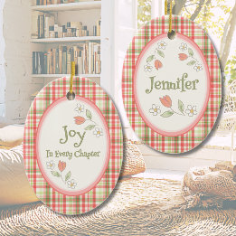Pink Plaid "Joy in Every Chapter" Personalised Ceramic Tree Decoration
