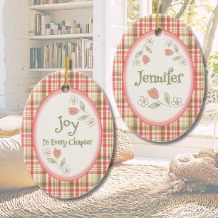 Pink Plaid "Joy in Every Chapter" Personalised Ceramic Tree Decoration