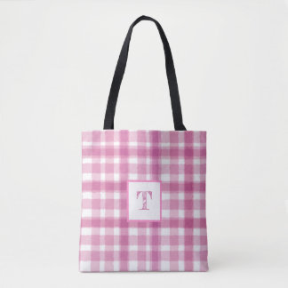 Pink Plaid Monogram Custom Tote Bag