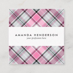 Pink Plaid Pattern Chic Square Business Card