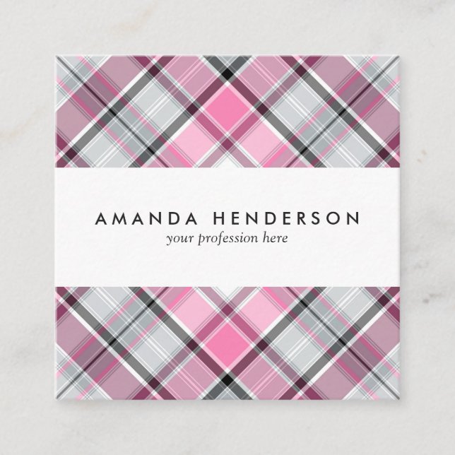Pink Plaid Pattern Chic Square Business Card (Front)