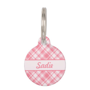 Pink Plaid Pattern & Custom Pet Name And Number Tag