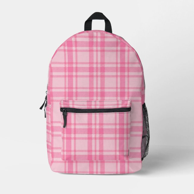 Pink Plaid Pattern Printed Backpack (Front)