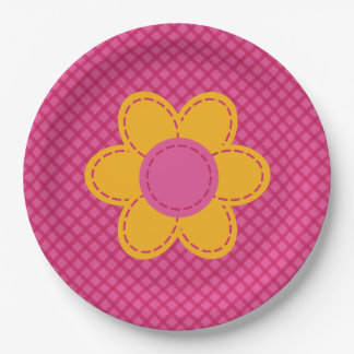 Pink plaid pattern, yellow flower paper plate