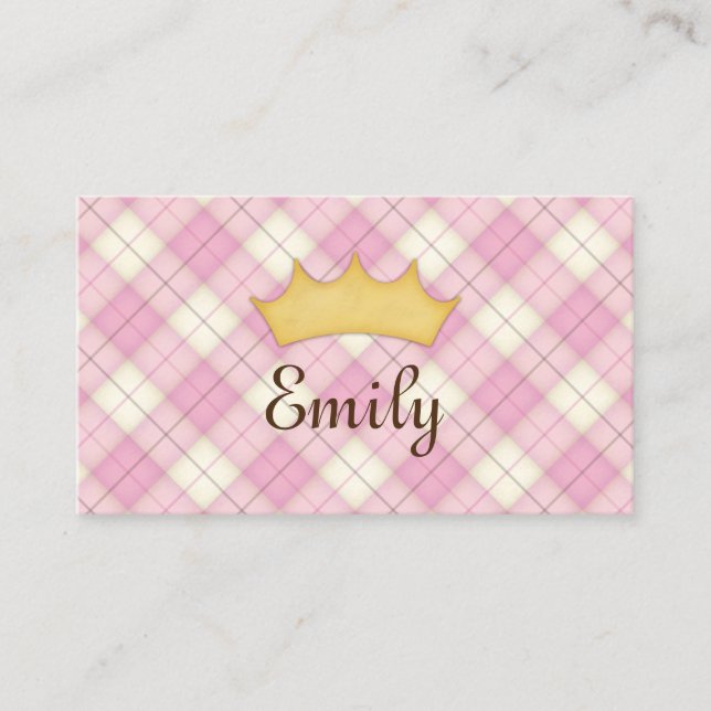 Pink Plaid Personalised Princess Calling Card (Front)