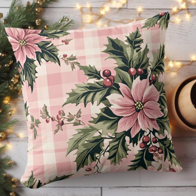 Pink Plaid Poinsettia Christmas Cushion (Creator Uploaded)