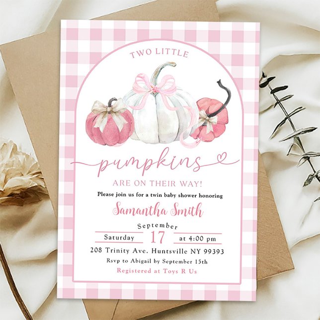 Pink Plaid Preppy Pumpkin Girl Twins Baby Shower Invitation (Creator Uploaded)