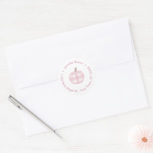 Pink Plaid Pumpkin Baby Girl Shower Return Address Classic Round Sticker