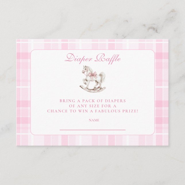 Pink Plaid Rocking Horse Baby Showe Diapper Raffle Enclosure Card (Front)