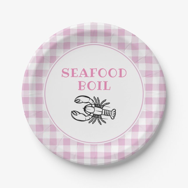Pink Plaid Seafood Boil Party Paper Plate (Front)