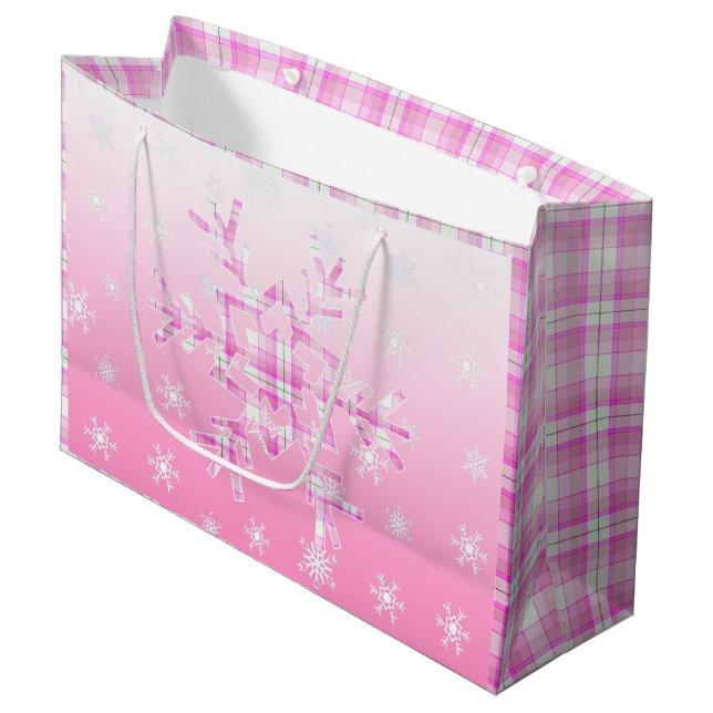 Pink Plaid Snowflake Christmas Large Gift Bag (Front Angled)