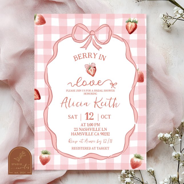 Pink Plaid Strawberry Coquette Berry in love Invitation (Creator Uploaded)