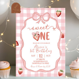 Pink Plaid Strawberry Coquette sweet one birthday Invitation