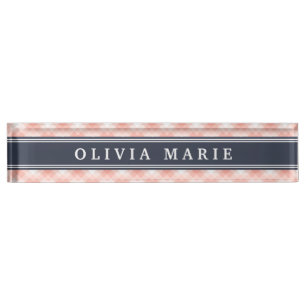 Pink Plaid Stripe Pattern Navy Blue Accent Nameplate