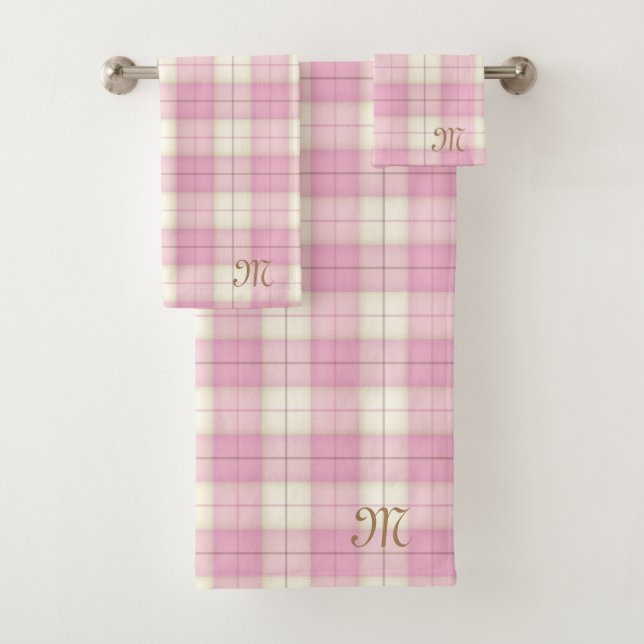 Pink Plaid Tartan Personalised Monogram Girls Bath Towel Set (Insitu)