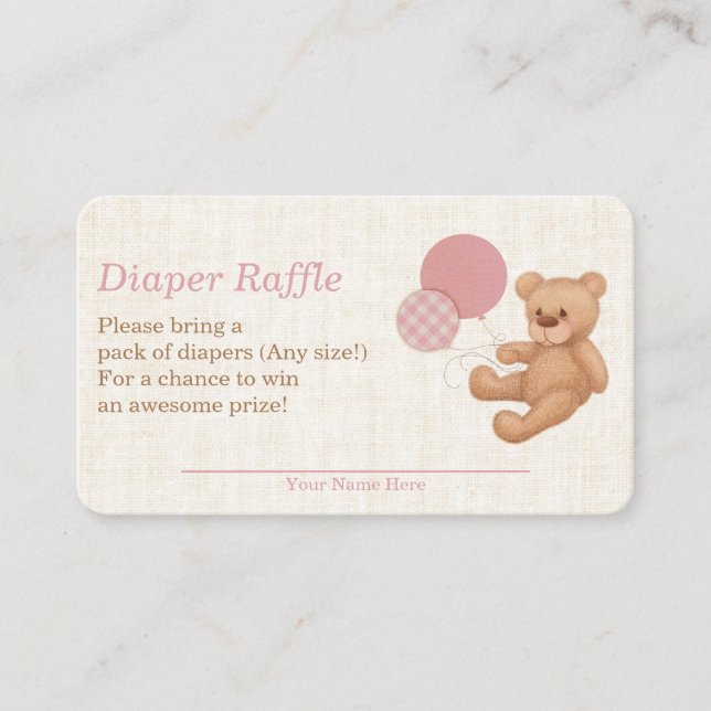 Pink Plaid Teddy Bear Baby Shower Diaper Raffle Enclosure Card (Front)