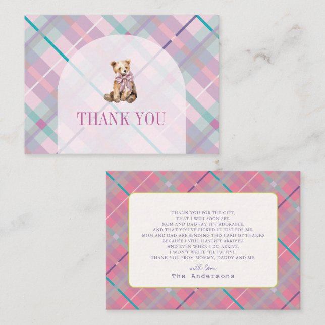 Pink Plaid Teddy Bear Baby Shower Thank You Card (Front/Back)