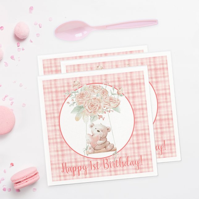 Pink Plaid Teddy Bear Birthday Napkin (Creator Uploaded)