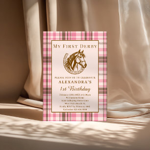 Pink Plaid Vintage First Derby Girl 1st Birthday Invitation