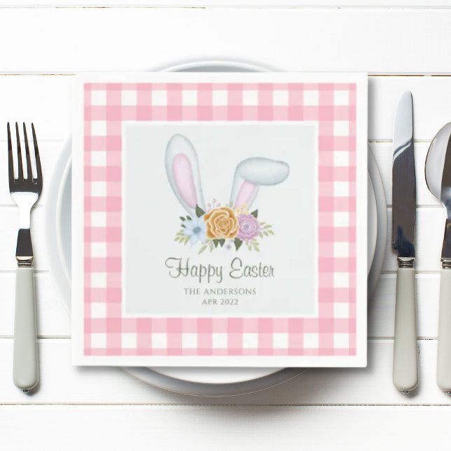 Pink Plaid Watercolor Floral Bunny Ears Easter Napkin (Creator Uploaded)