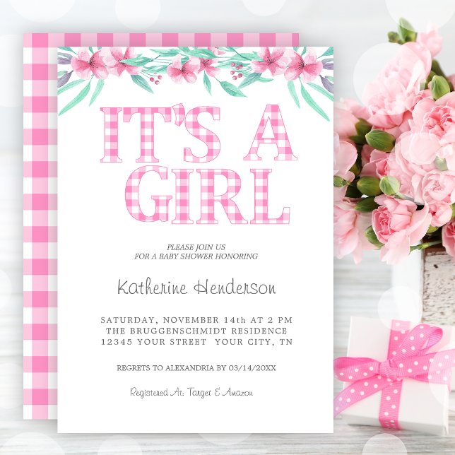 Pink Plaid Watercolor Floral Girl Baby Shower Invitation (Pink Plaid Watercolor Floral Girl Baby Shower Invitation)