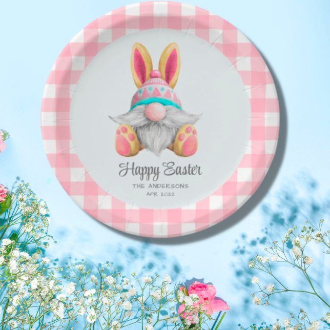 Pink Plaid Watercolor Gnome Easter Paper Plate (Creator Uploaded)