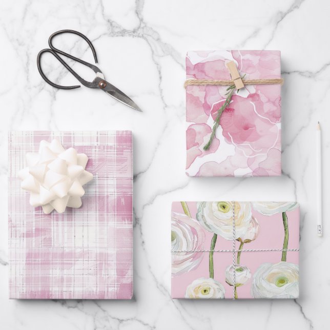 Pink Plaid White Stripes Floral Abstract Birthday Wrapping Paper Sheet (Front)