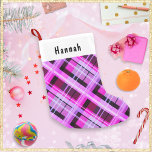 Pink Plaid Winter Patterned Chic Personalised Name Small Christmas Stocking<br><div class="desc">A bright and festive Christmas stocking, in an attractive pink plaid design. Personalise the stocking with the recipient's name, which will appear in black lettering on the white panel at the top. Combining rustic tradition with modern style, the stocking is ideal for Santa to fill with suitable surprises, as well...</div>
