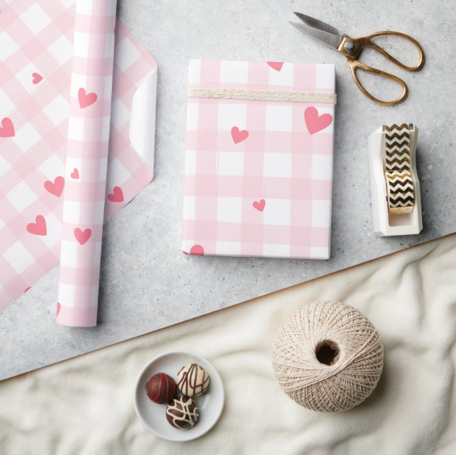 Pink Plaid With Hearts Baby Shower Valentine's Day Wrapping Paper (Crafts)