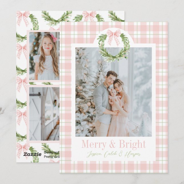 Pink Plaid Wreath Preppy Wreath Bow Christmas Card (Front/Back)