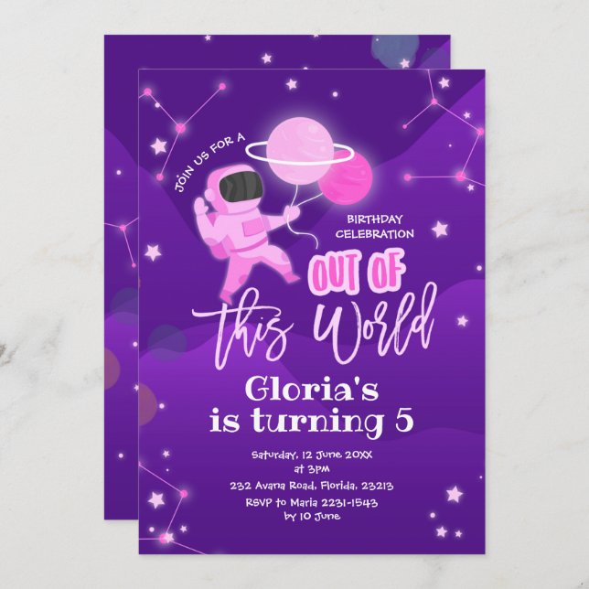 Pink Planet Space Out of This World Birthday Invitation (Front/Back)
