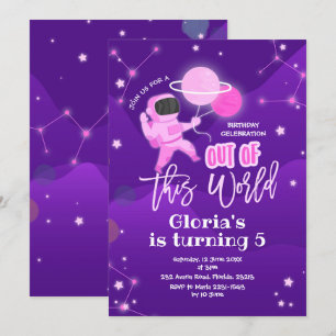 Pink Planet Space Out of This World Birthday Invitation