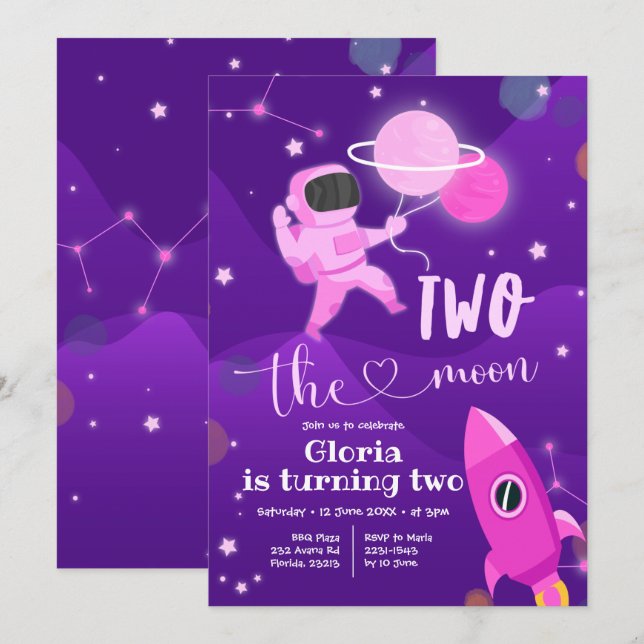 Pink Planet Space Two the Moon Invitation (Front/Back)