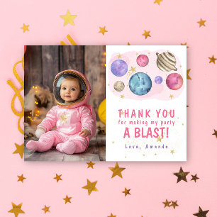 Pink Planets Space Birthday Party Thank You Card
