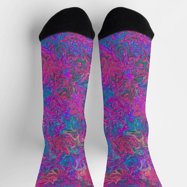 Pink Plastic Grid Colourful Swirls Abstract Art Socks (Top)