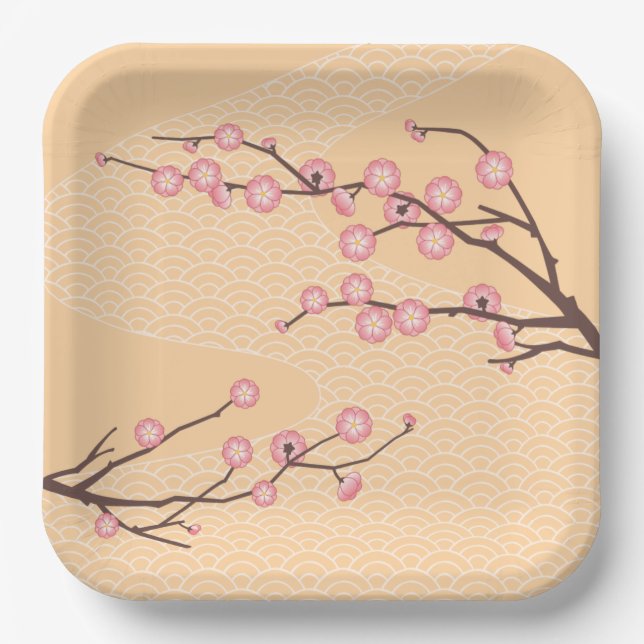 Pink Plum Blossom on Yellow Paper Plate (Front)