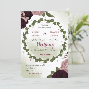 pink plum burgundy flowers green wreath wedding invitation