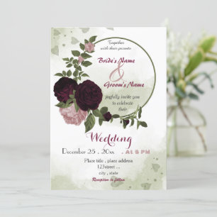 pink plum burgundy flowers green wreath wedding invitation