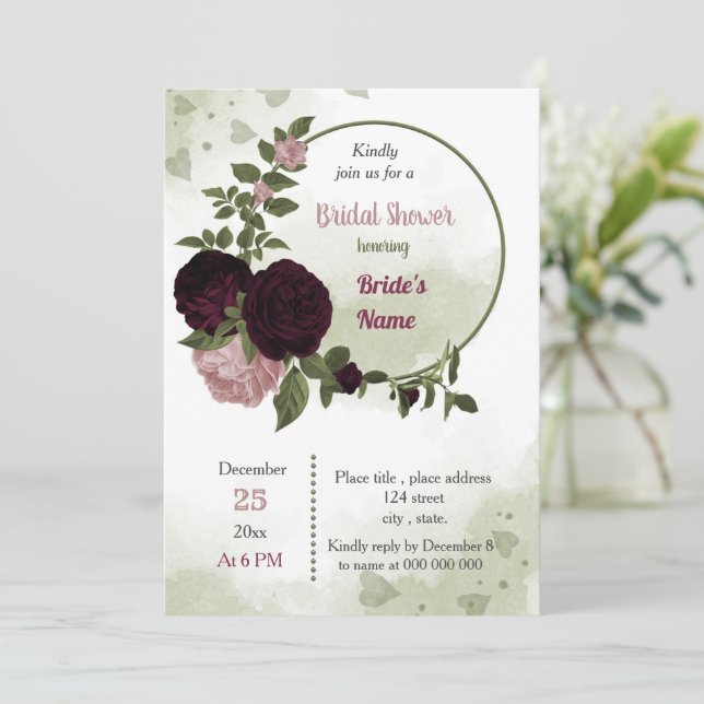 pink plum burgundy flowers greenery bridal shower invitation (Standing Front)